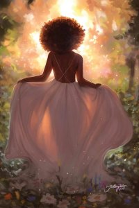 Wall art of a black woman facing a glowing forest by iCanvas artist Hillary D Wilson