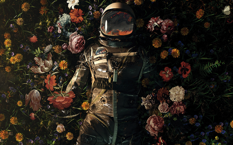 Room featuring spaceman art of astronaut lying in a dark bed of flowers by iCanvas artist Nicebleed