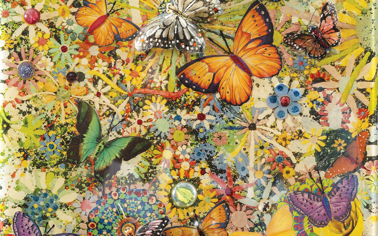 Colorful butterfly collages featuring yellow and orange and purple by 5 Questions With featured artist Robert Swedroe