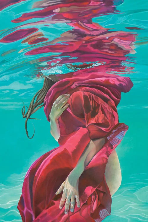 Painting of a woman behind red scarf under blue water by icanvas new creator Josep Moncada
