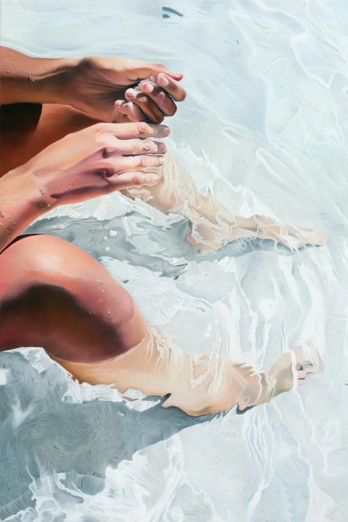 Painting of a person feet under light blue water by new iCanvas creator Josep Moncada
