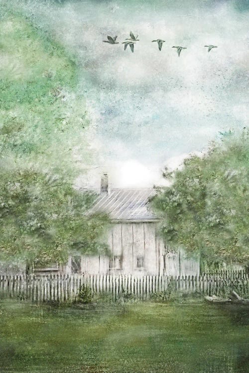 Delicate painting of a white house with picket fence between two trees with birds overhead by Katrina Jones