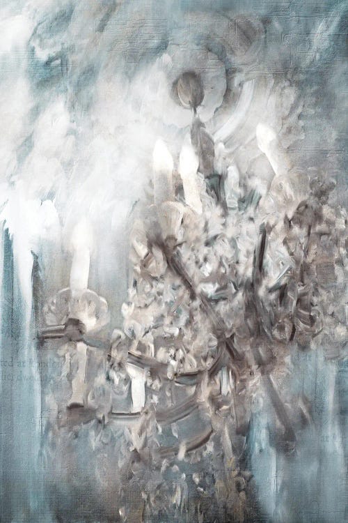 Abstract art of a silver chandelier against blue green and white hues by Katrina Jones