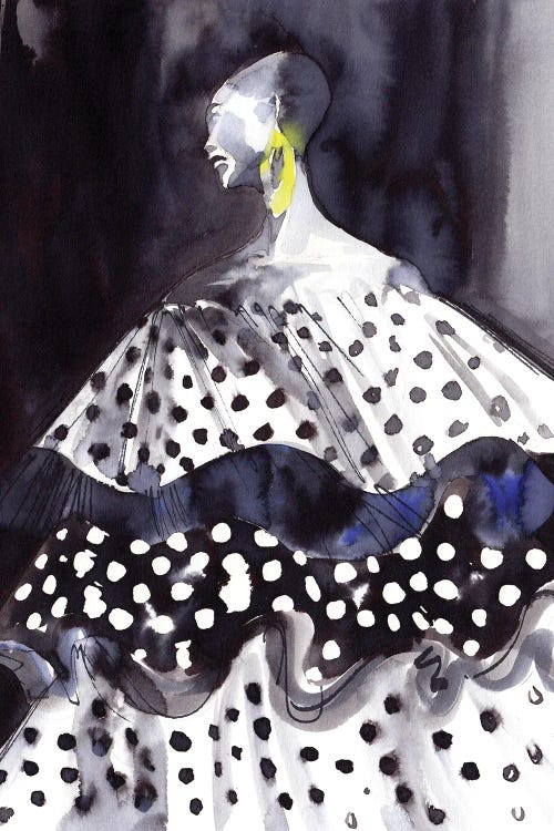 black and white fashion illustration of woman in polka dot dress with yellow earrings by Khrystyna Barabanova