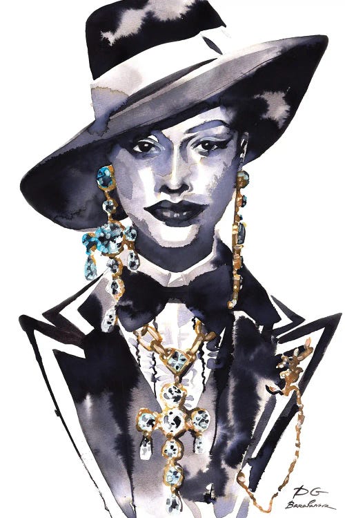Fashion illustration of woman in hat and suit with gold and diamond jewelry by new creator Khrystyna Barabanova