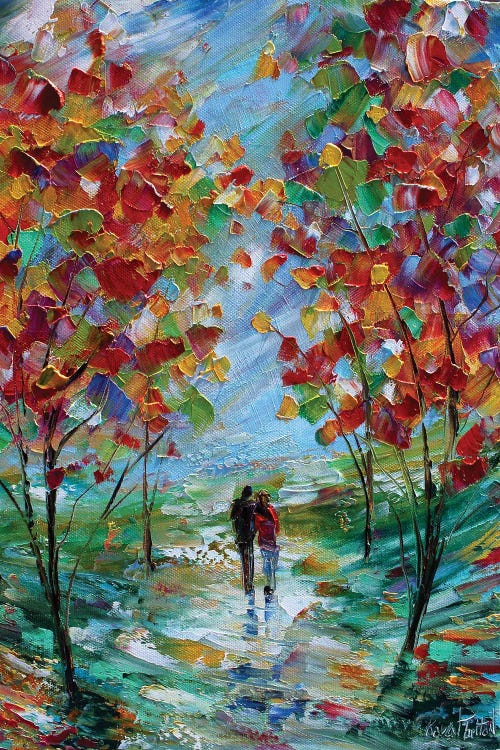 impressionistic painting of a couple walking between trees in the fall by iCanvas new creator Karen Tarlton
