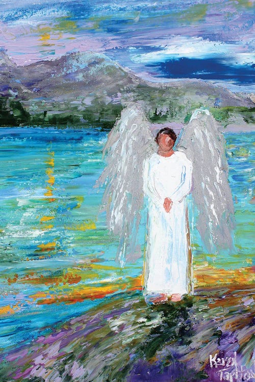 Impressionistic painting of a male angel standing in front of water and mountains by iCanvas artist Karen Tarlton