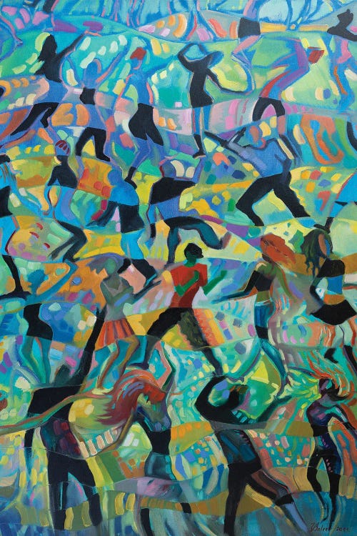 Wall art featuring dancing shadows of people with vibrant colors of blue green and pink by Katharina Valeeva