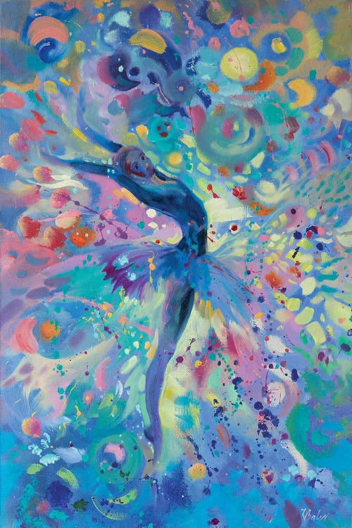 Abstract art of ballerina with splashes of blue and pink around her by iCanvas new artist Katharina Valeeva