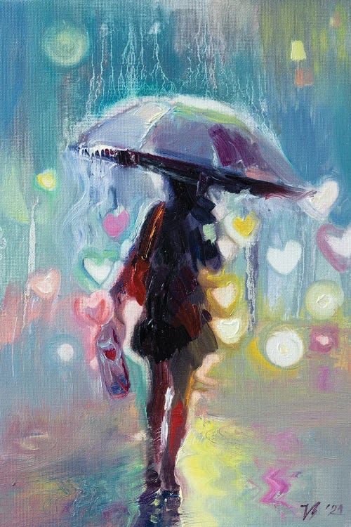 Painting of a womans silhouette holding umbrella with hearts in rain by Katharina Valeeva