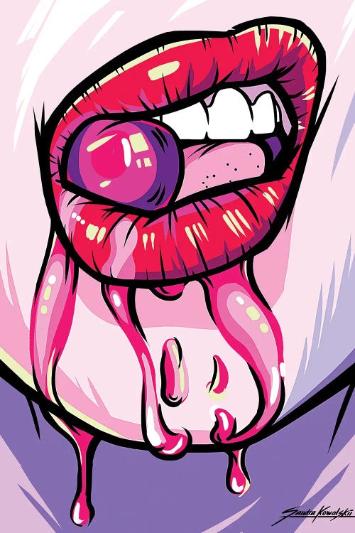 Wall art of a womans pink lips with a cherry between her teeth by iCanvas artist Sandra Kowalskii