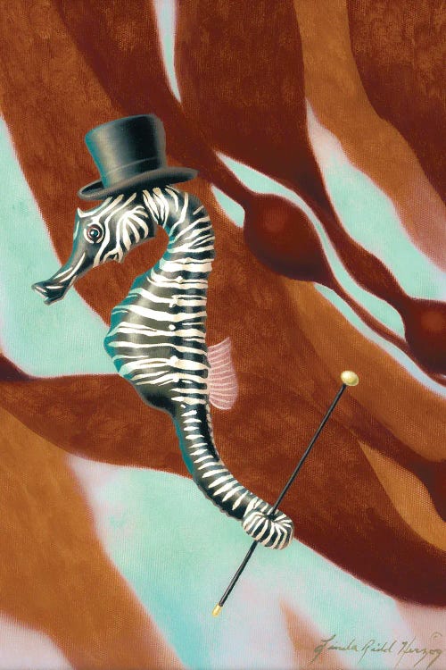 Wall art of a zebra fish in a top hat in front of red coral by new iCanvas creator Linda Ridd Herzog