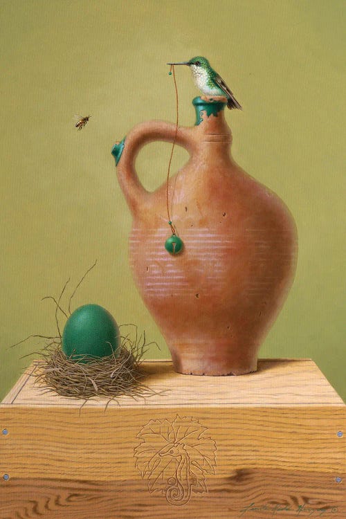 Wall art of a blue bird atop a wine jug looking down at its nest and blue egg by Linda Ridd Herzog