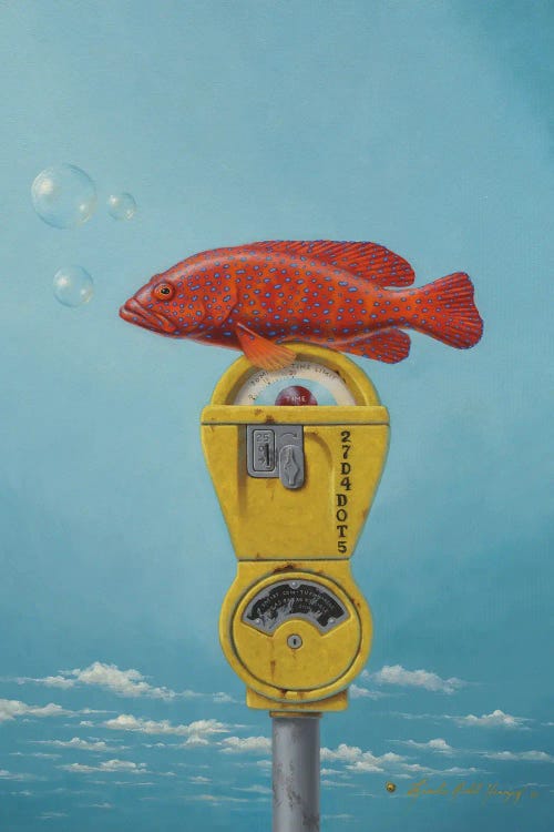 Wall art of a red spotted fish on a yellow parking meter in the sky by iCanvas new creator Linda Ridd Herzog