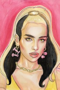 Portrait of Dua Lipa against pink background by iCanvas artist Sean Ellmore
