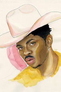 Portrait of Lil Nas X in pink cowboy hat by 5 Questions With featured artist Sean Ellmore