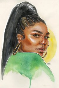 Portrait of Lizzo with hair up wearing gold hoops and green top by iCanvas artist Sean Ellmore