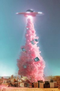 Virtual escapism wall art featuring space ship with pink smoke abducting technology from Earth