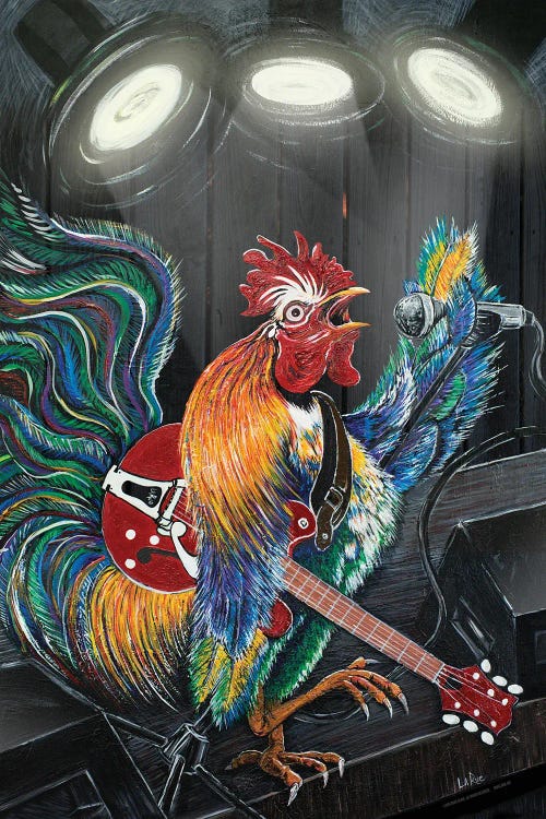 Wall art of a rooster rocking out on stage with red electric guitar by new creator Doug LaRue