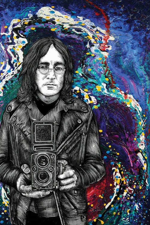 Wall art of John Lennon holding a camera against an abstract background by Doug LaRue