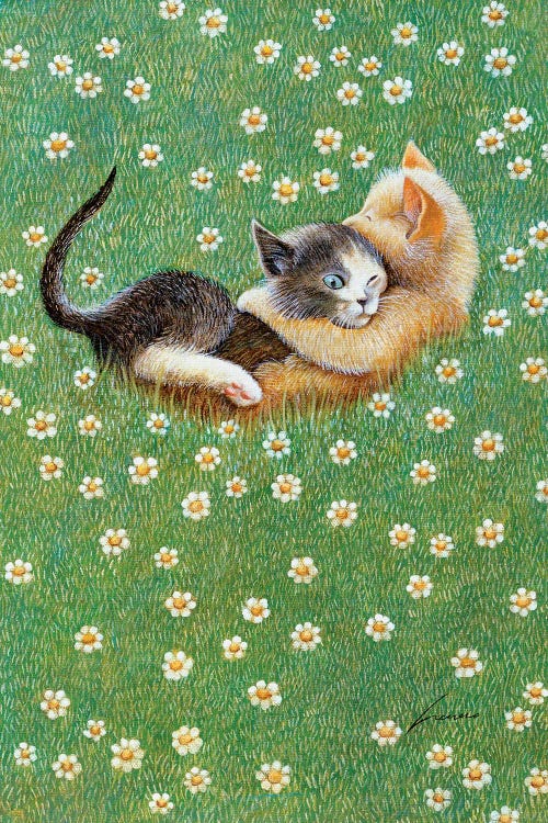 Wall art of two kittens playing on green grass with white daisies popping up by iCanvas artist Lowell Herrero