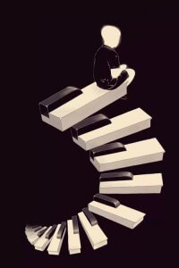 Black and white wall art of piano keys as steps with boy at the top by iCanvas artist Mathiole