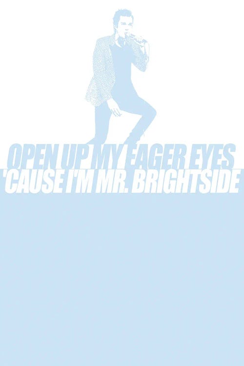 Blue and white wall art of Brandon Flowers singing above his lyrics by JMA Media