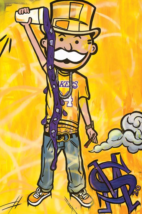 Purple and yellow wall art of Monopoly Man as a LA Lakers fan featuring by new creator Sinister Monopoly