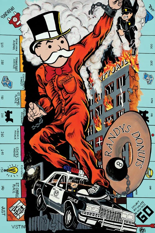 Wall art of the Monopoly Man on top of a cop car in front of a burning building by new creator Sinister Monopoly