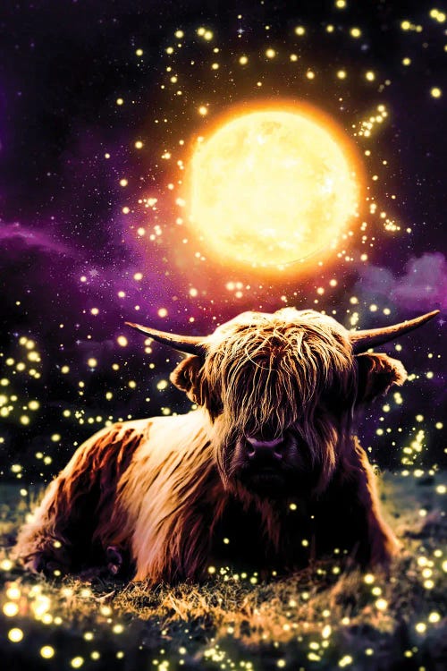 Digital art of an ox lying below a bright shining moon and lit up purple night sky by new creator Manuel Luces