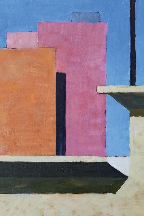 Photorealistic painting of orange, pink and blue corner in a city by new iCanvas creator Michael Ward