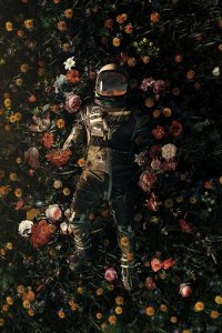 Room featuring spaceman art of astronaut lying in a dark bed of flowers by iCanvas artist Nicebleed