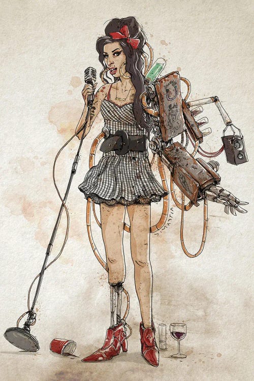 Drawing of Amy Winehouse as a rusty creepy robot by new iCanvas creator Nico Di Mattia