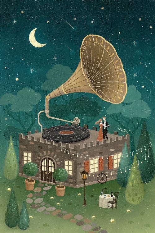 Whimsical wall art of a record player as a house beneath a moon by Noelle T