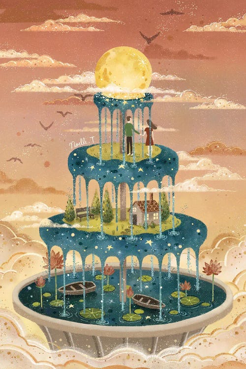 Whimsical wall art of a fountain with moon atop against pink sky