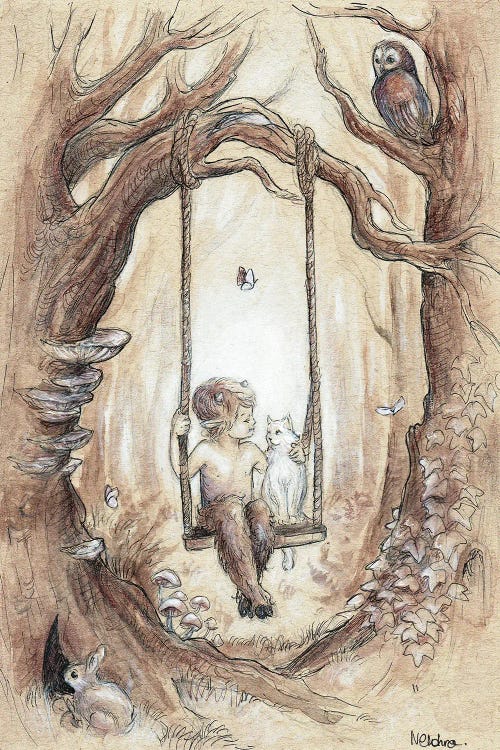 Brown wall art of a little boy and white cat on tree swing by new iCanvas creator Natacha Chohra