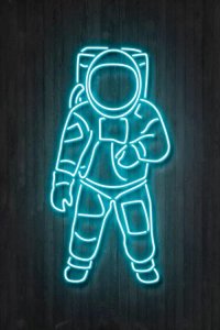 Blue neon astronaut silhouette sign against a dark background by iCanvas artist Octavian Mielu