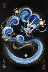 Painting of a blue guardian dragon holding the moon by One-Stroke Dragon