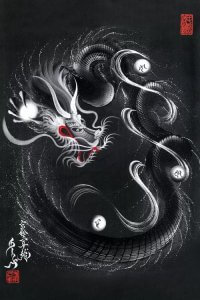 Calligraphy brush painting of a silver guardian dragon against a black background by One-Stroke Dragon