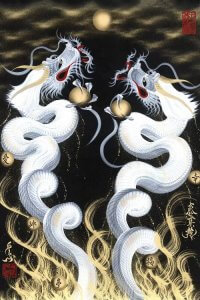 Calligraphy brush painting of two white dragons rising to the moon from flames by One-Stroke Dragon