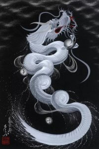 Wall art of a white dragon against black background by iCanvas artist One-Stroke Dragon
