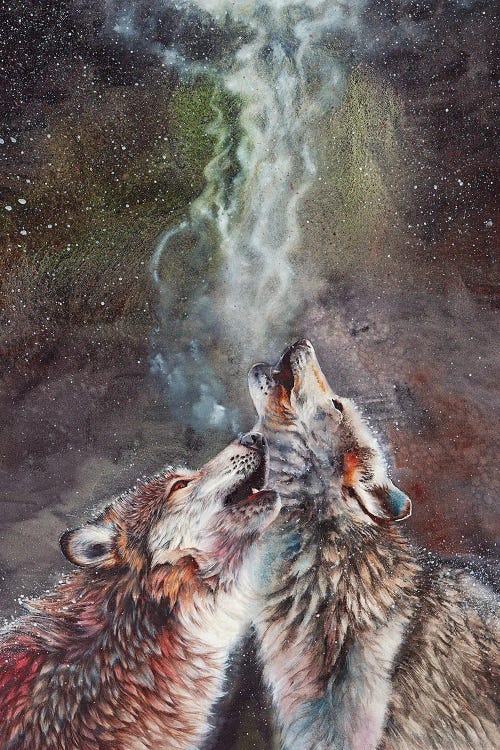 Painting of two wolves howling at the night sky by new iCanvas creator Peter Williams