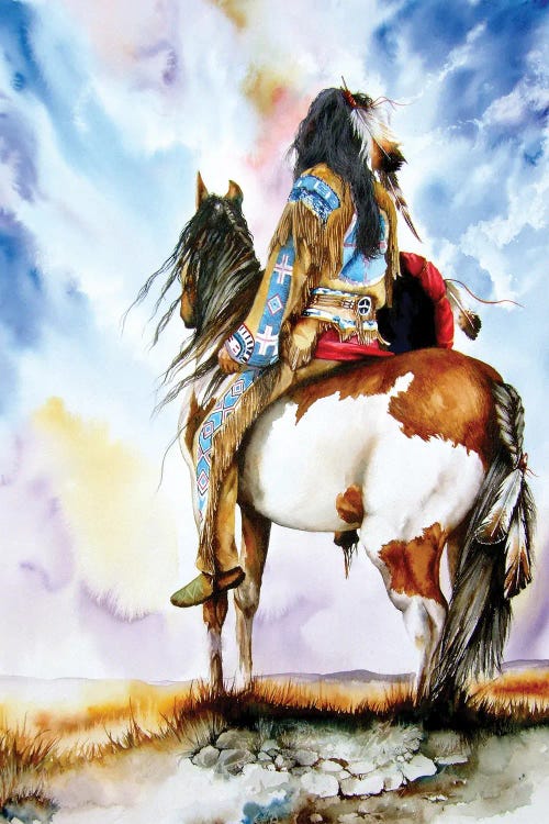 Painting of a Native American on a paint colored horses looking out on the horizon by Peter Williams