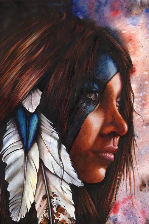 Painting of a tribal woman with white and blue feathers in her hair and blue face paint by Peter Williams