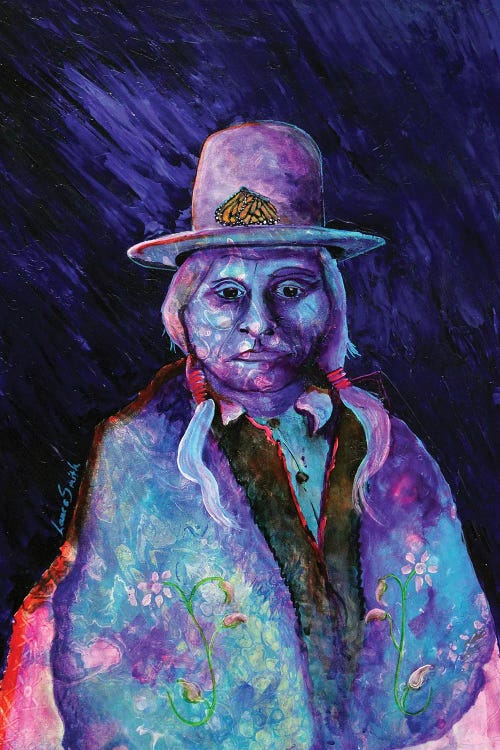 Colorful painting of a Native American in pink and blue with butterfly on his hat by Red Bird Smith Art