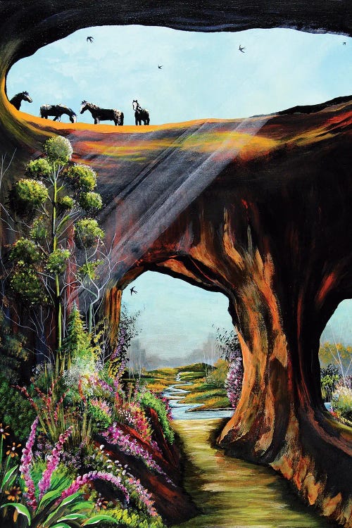 Painting of four horses looking down a canyon by iCanvas artist Red Bird Smith Art