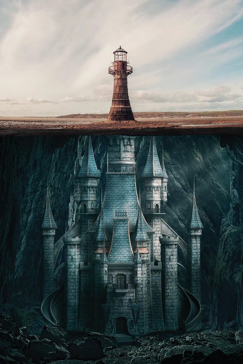 Digital wall art featuring an underwater castle with the top resembling a lighthouse above sea by new creator Ruvim Noga