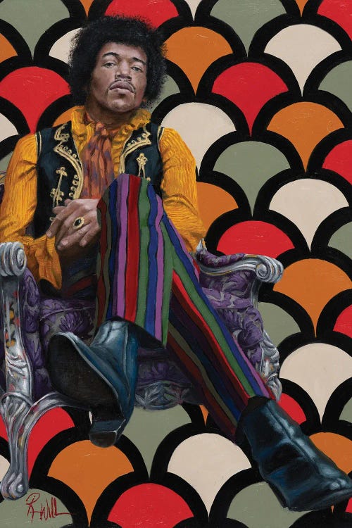 Wall art of Jimi Hendrix against a retro pattern by new iCanvas artist Reian Williams