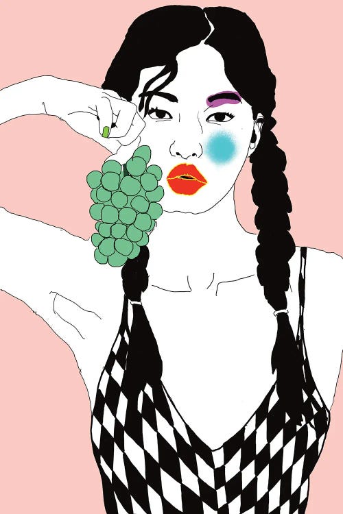 Portrait of an Asian woman with red lips and black and white patterned top holding up grapes by Ana Sneeringer