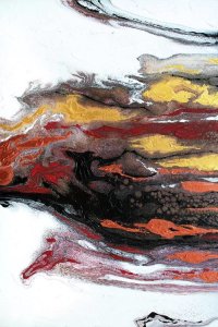 Abstract painting on canvas featuring black red orange and gold by Spellbound Fine Art